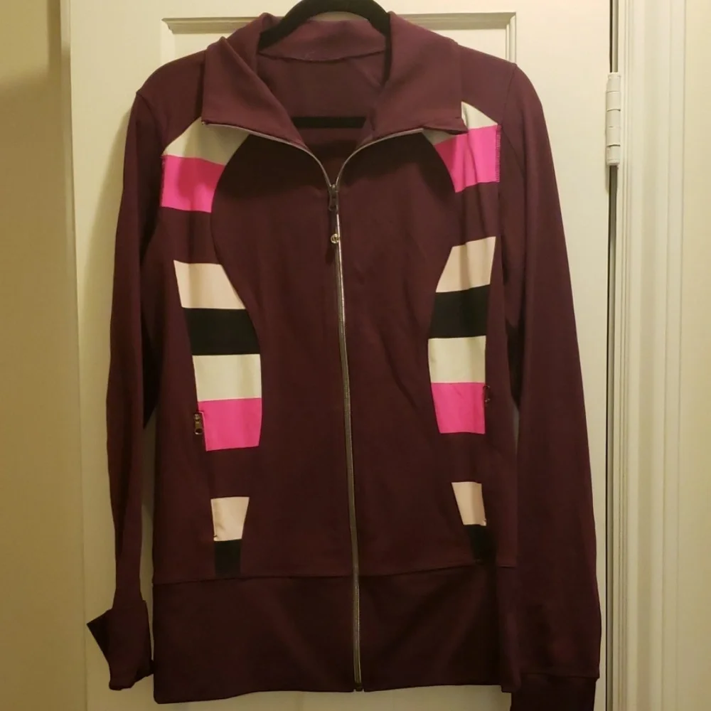 Lululemon in-stride long jacket- burgundy w/ pink & black